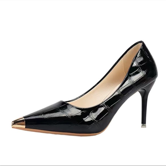 Women's Pointed Toe High Heeled Pumps, Faux Leather Stiletto Heeled - Picture 3 of 4